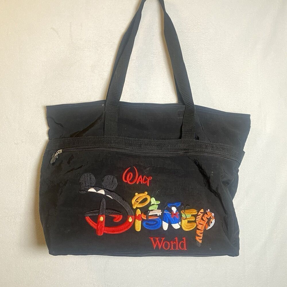 Walt Disney World Embroidered NylonβTote Bag Black Mickey Characters Zipper Top